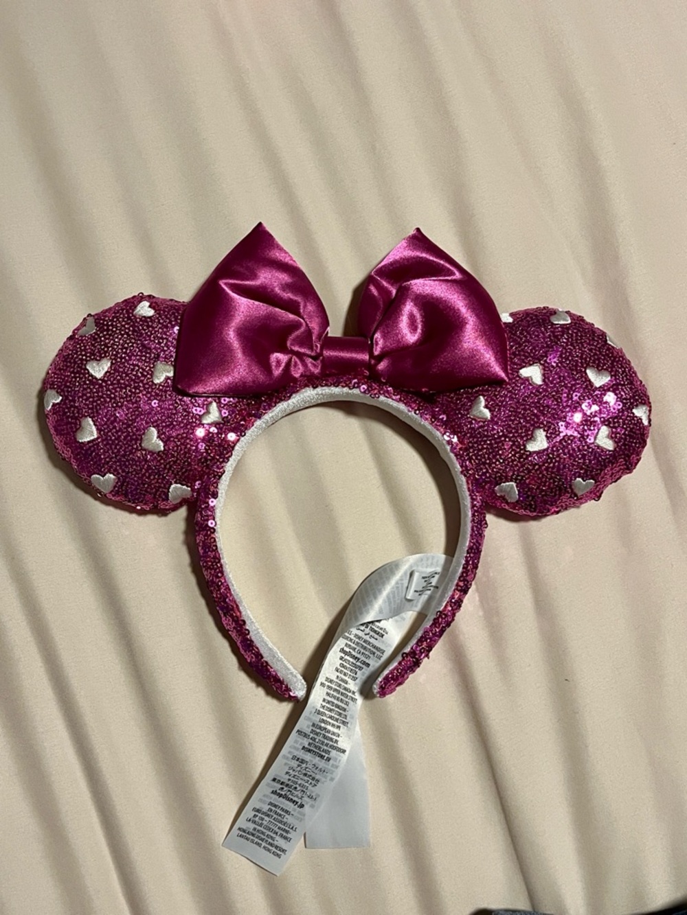 Disney Pink Heart Sparkling Sequin Minnie Ear Headband with Bow
